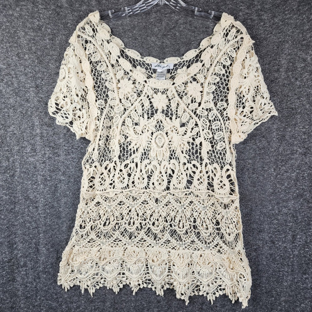 Ultra Pink Crochet Lace Top Women XL Cream‎ Floral Boho Short Sleeve Scoop Neck